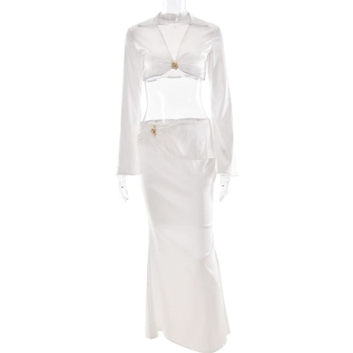 Satin long sleeve v neck maxi skirt set  | Festival Outfits Women