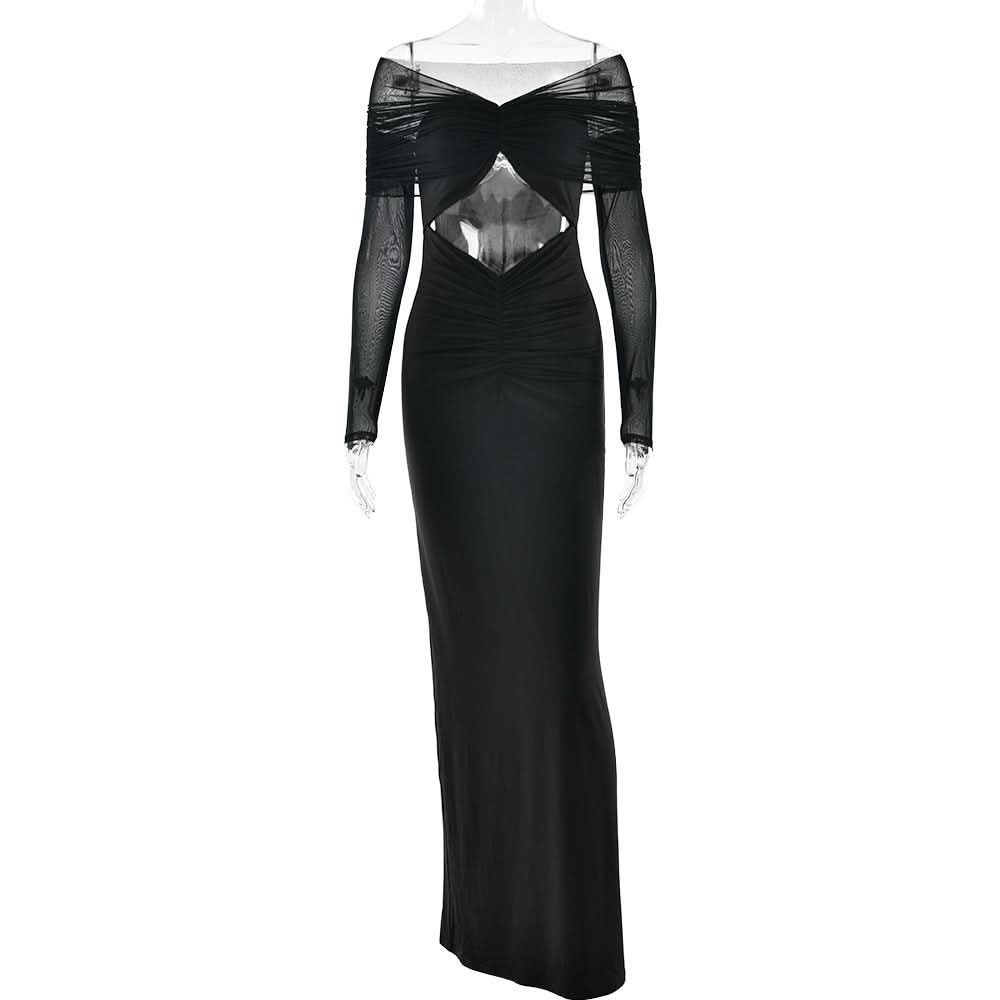 Long sleeve hollow out ruched mesh cut out maxi dress  | Festival Outfits Women