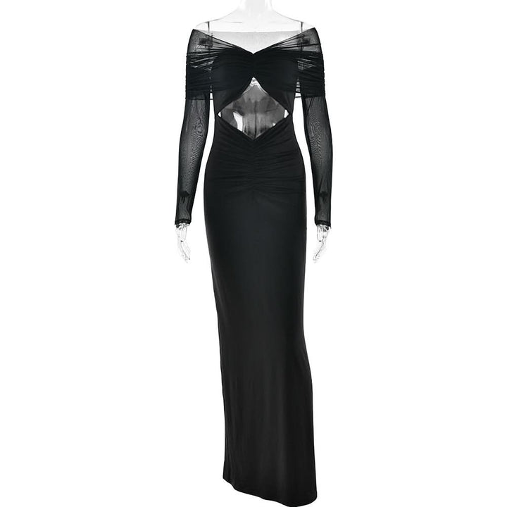 Long sleeve hollow out ruched mesh cut out maxi dress  | Festival Outfits Women