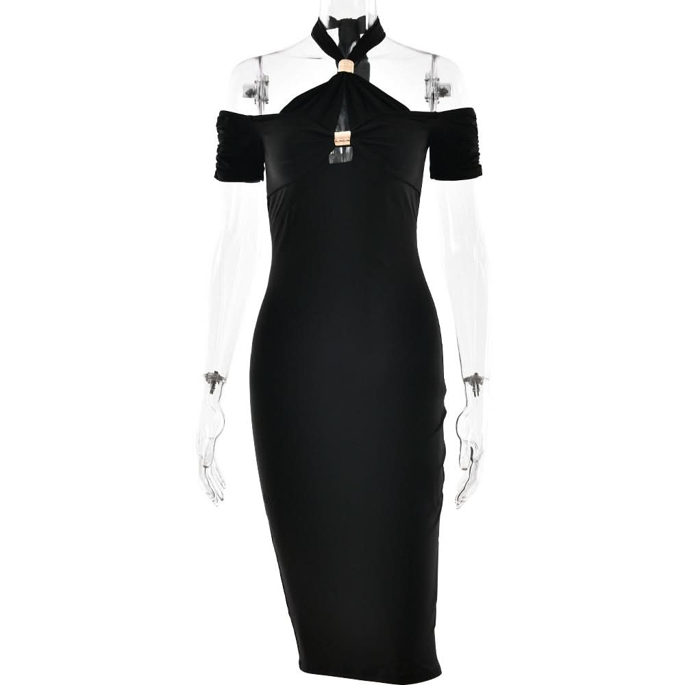 Halter hollow out self tie solid cut out midi dress  | Festival Outfits Women