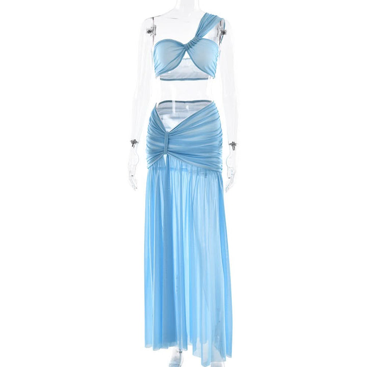 One shoulder ruched slit mesh maxi skirt set  | Festival Outfits Women