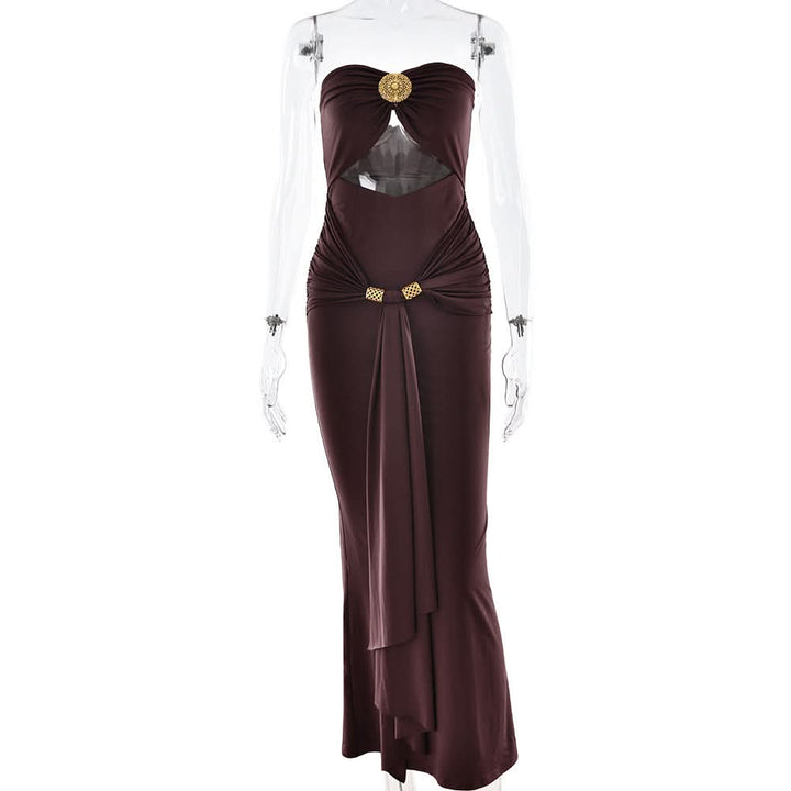 Hollow out ruched slit solid tube cut out maxi dress  | Festival Outfits Women