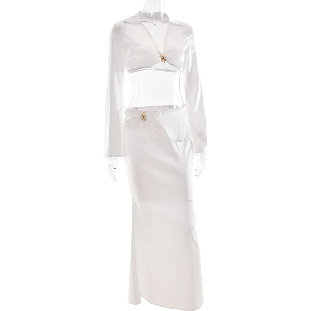 Satin long sleeve v neck maxi skirt set  | Festival Outfits Women
