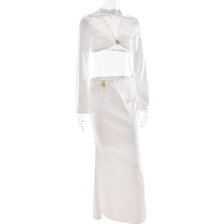 Satin long sleeve v neck maxi skirt set  | Festival Outfits Women