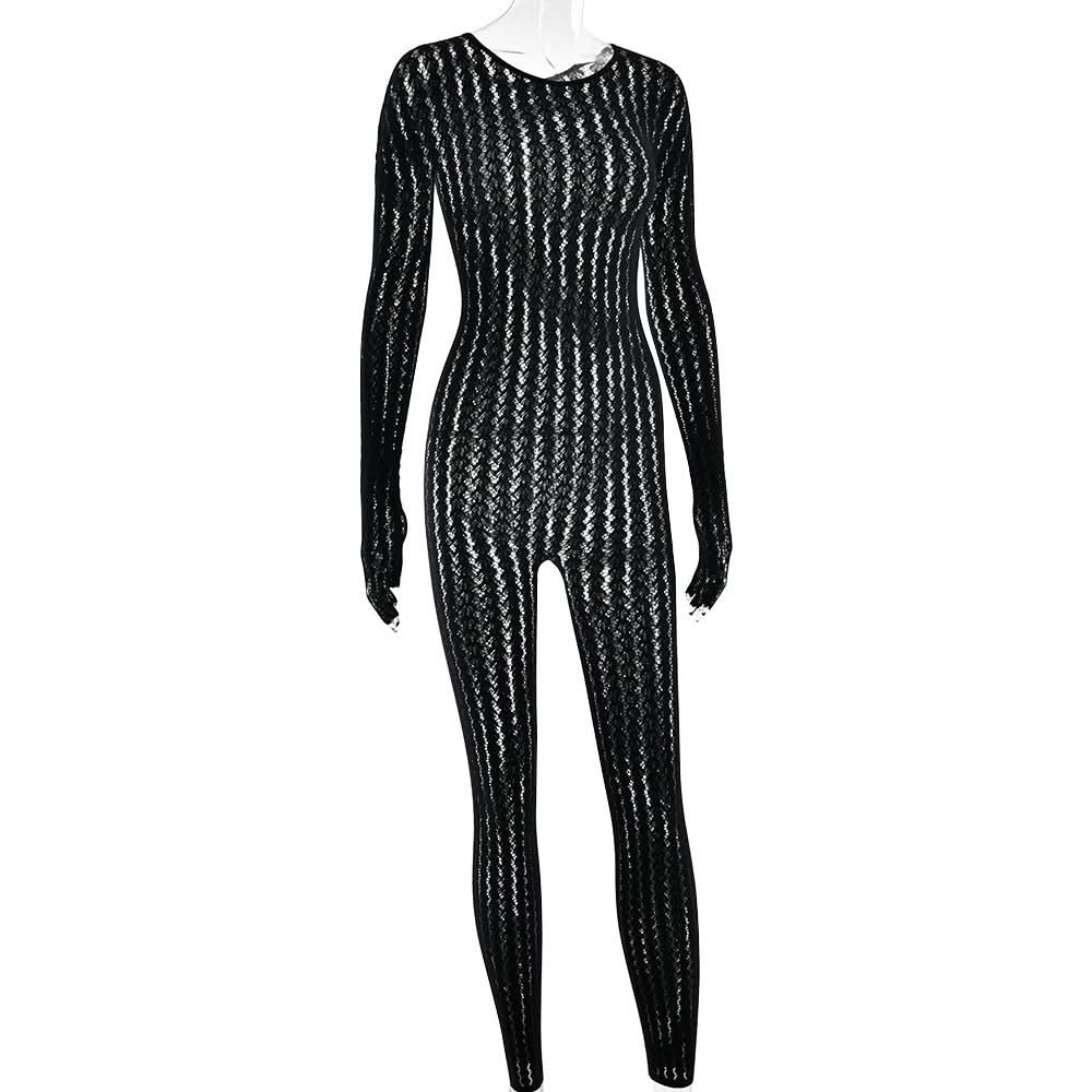 Long sleeve round neck gloves hollow out jumpsuit  | Festival Outfits Women