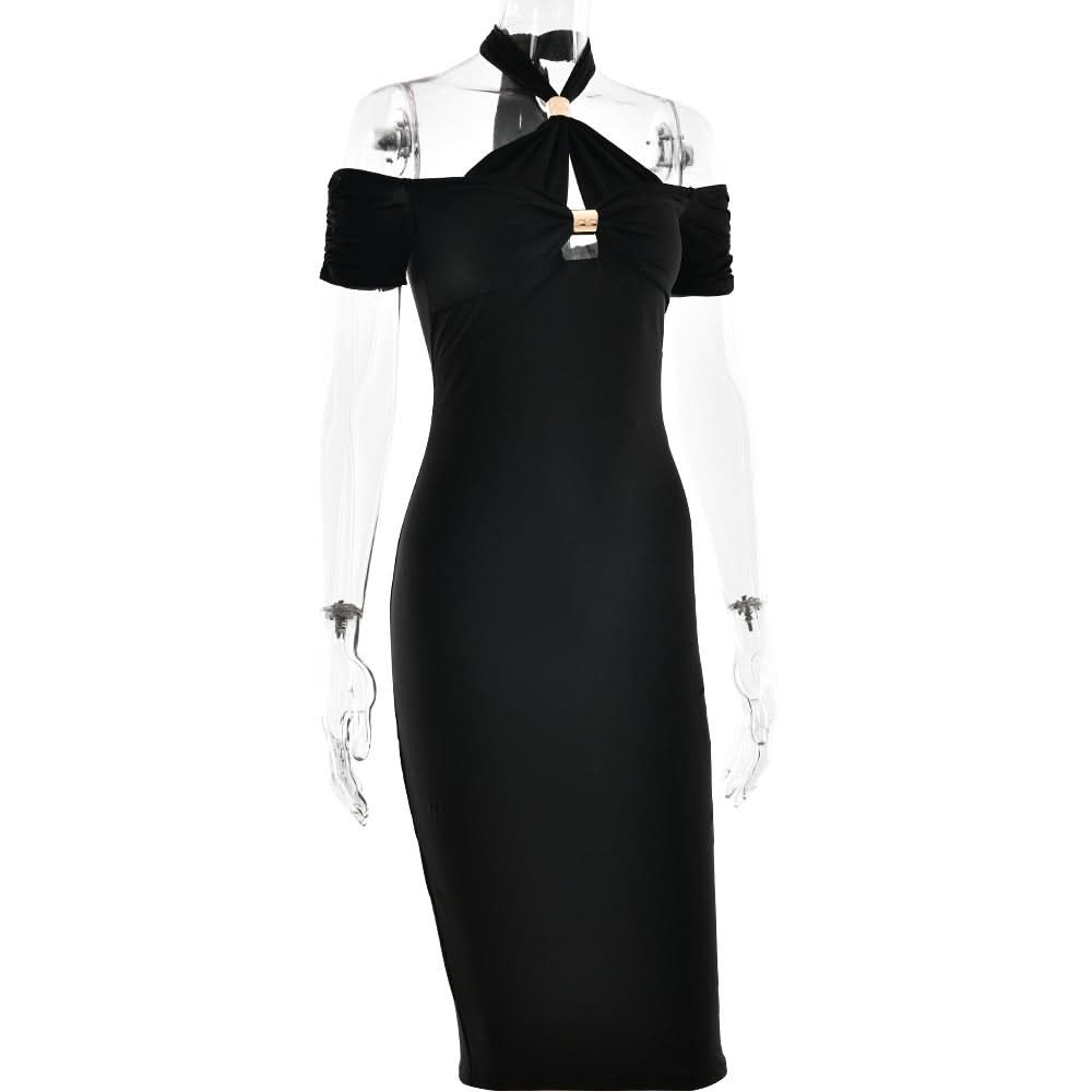 Halter hollow out self tie solid cut out midi dress  | Festival Outfits Women
