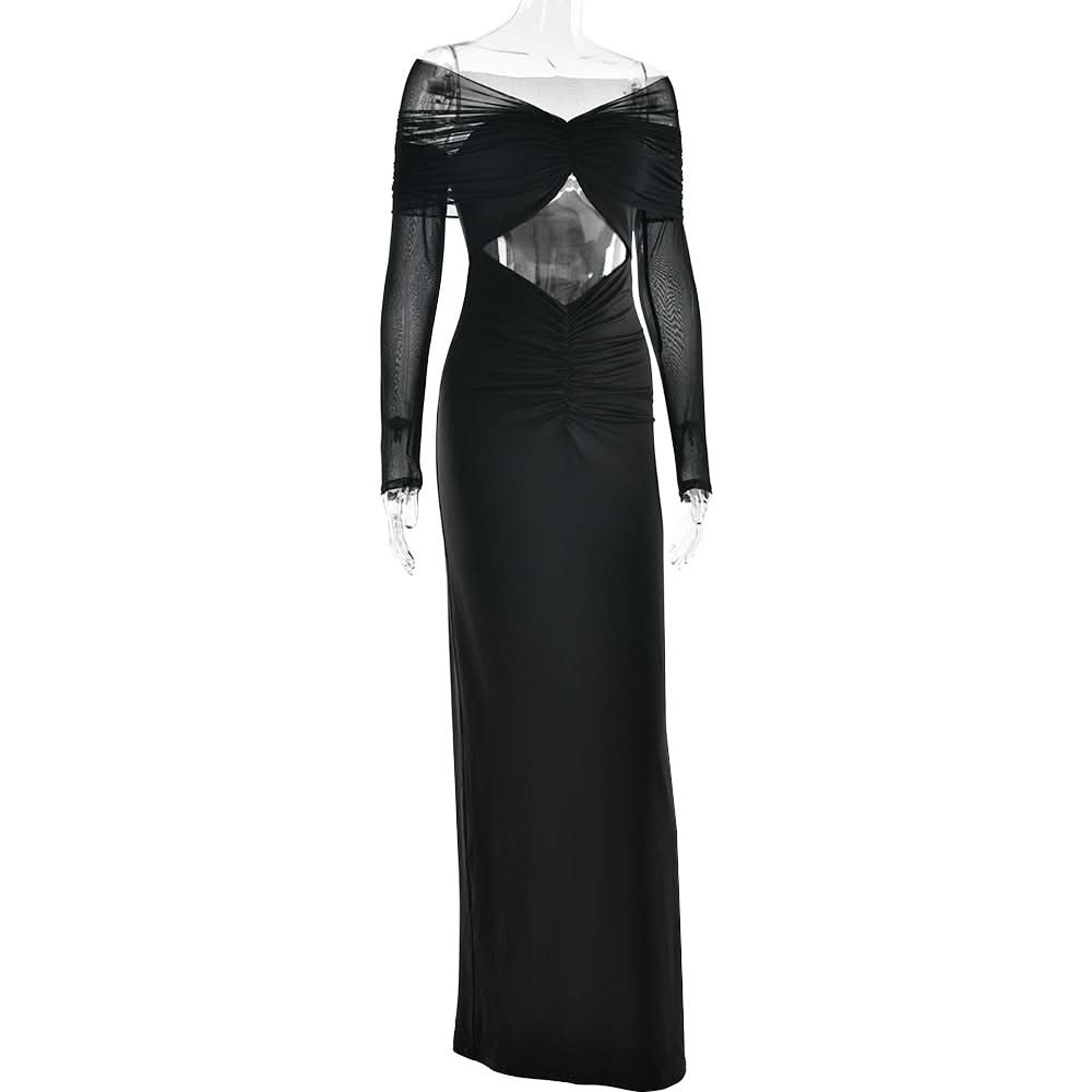 Long sleeve hollow out ruched mesh cut out maxi dress  | Festival Outfits Women