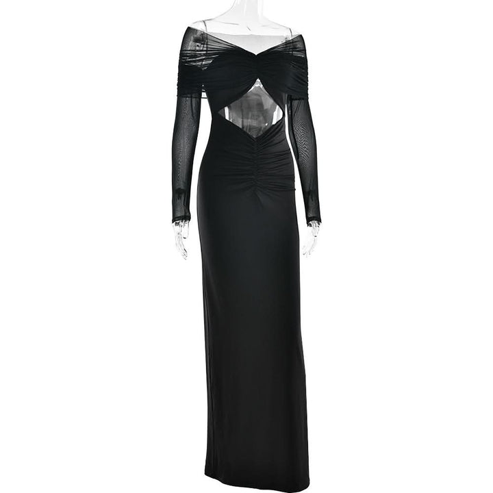 Long sleeve hollow out ruched mesh cut out maxi dress  | Festival Outfits Women