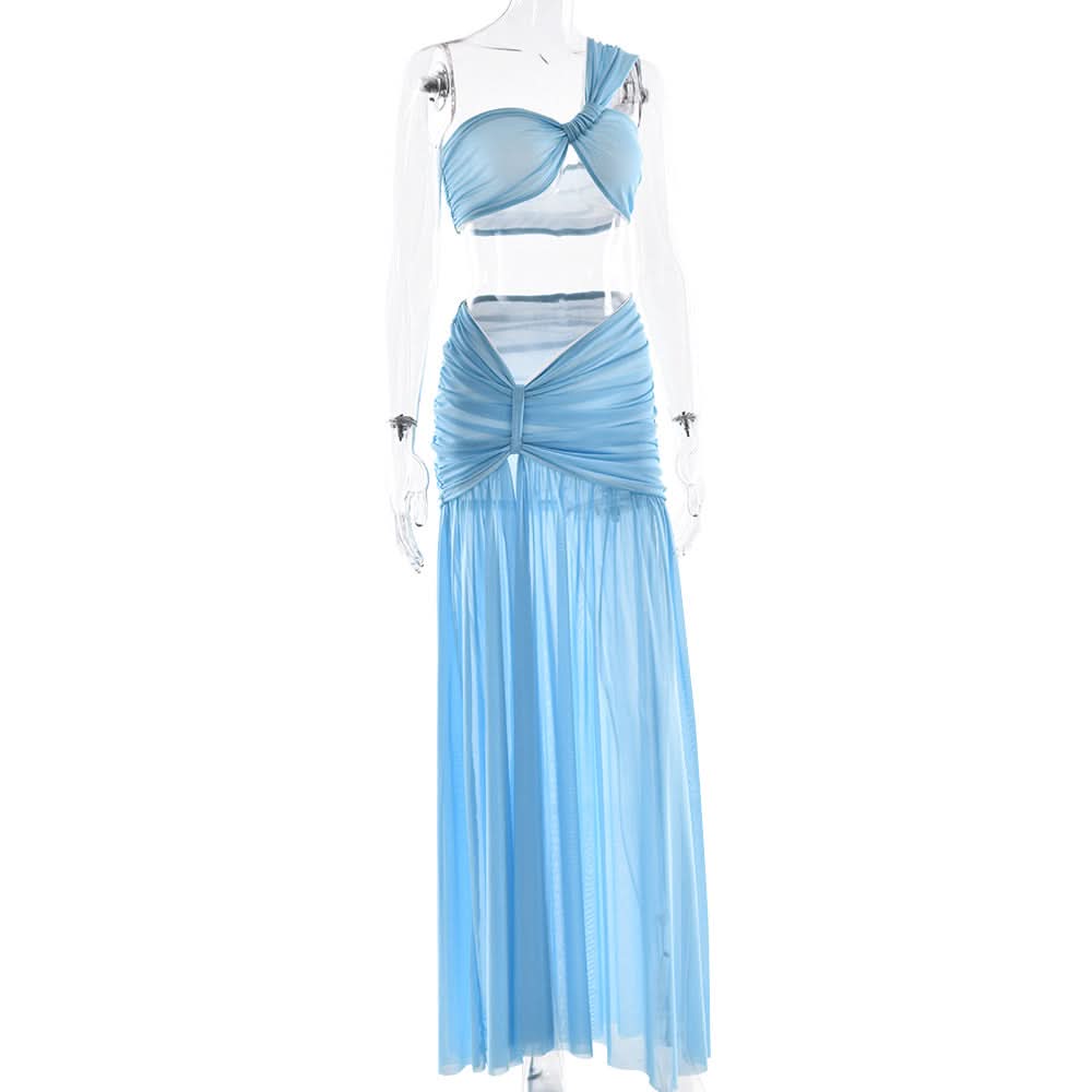 One shoulder ruched slit mesh maxi skirt set  | Festival Outfits Women