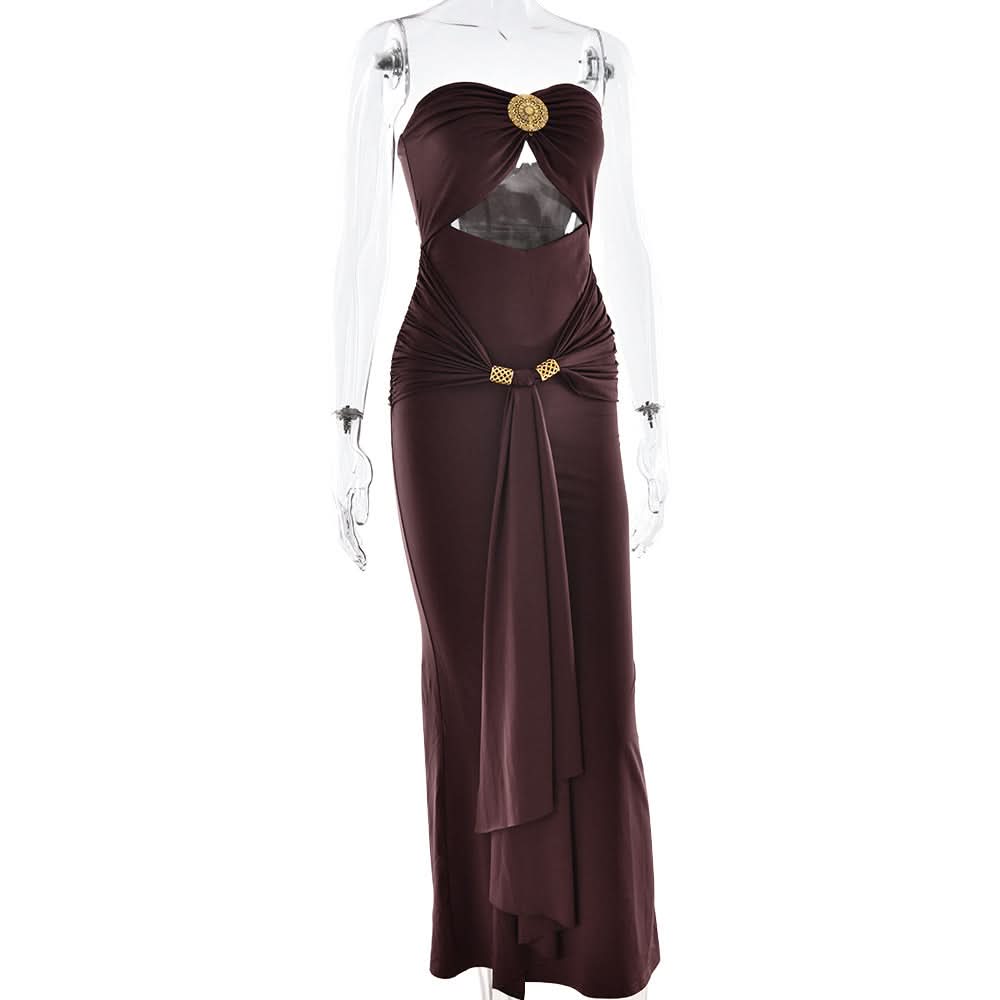 Hollow out ruched slit solid tube cut out maxi dress  | Festival Outfits Women