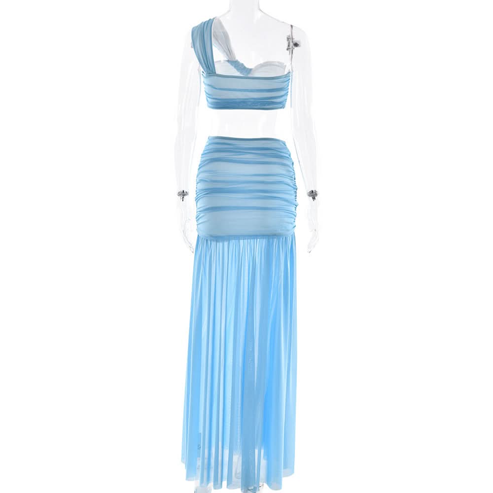 One shoulder ruched slit mesh maxi skirt set  | Festival Outfits Women