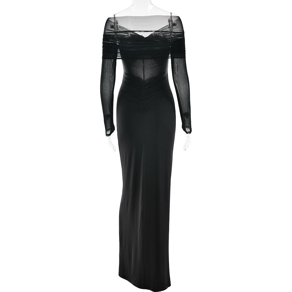 Long sleeve hollow out ruched mesh cut out maxi dress  | Festival Outfits Women