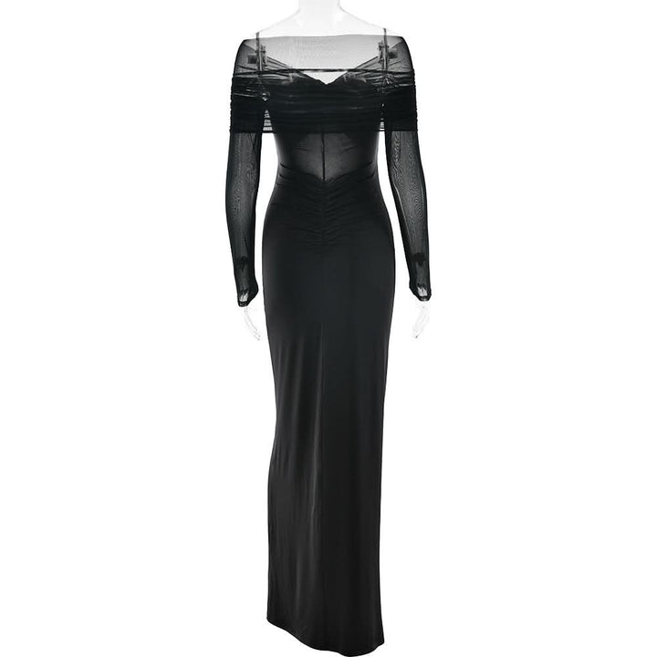 Long sleeve hollow out ruched mesh cut out maxi dress  | Festival Outfits Women