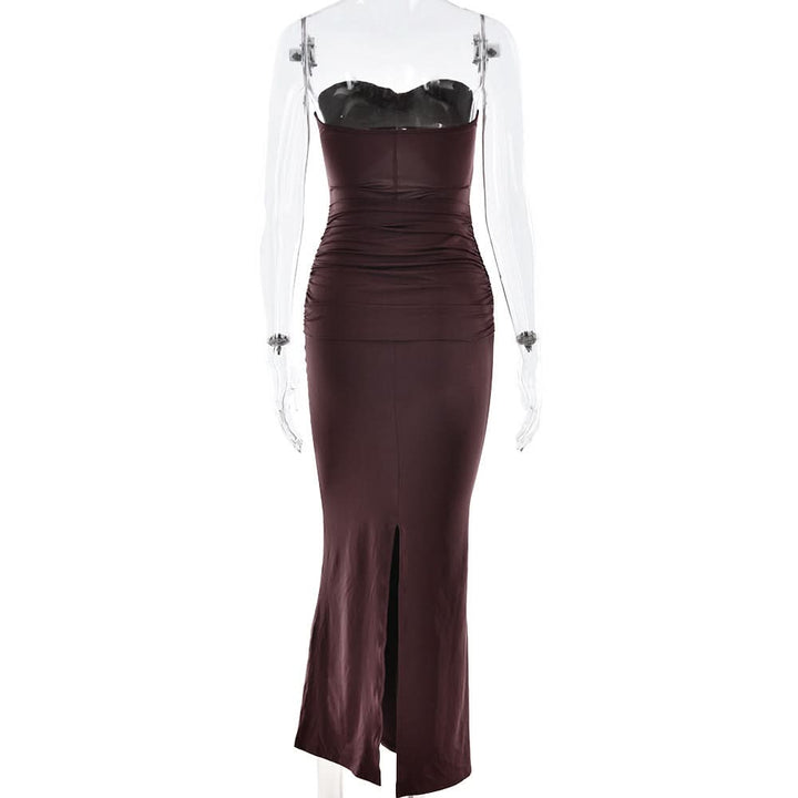 Hollow out ruched slit solid tube cut out maxi dress  | Festival Outfits Women