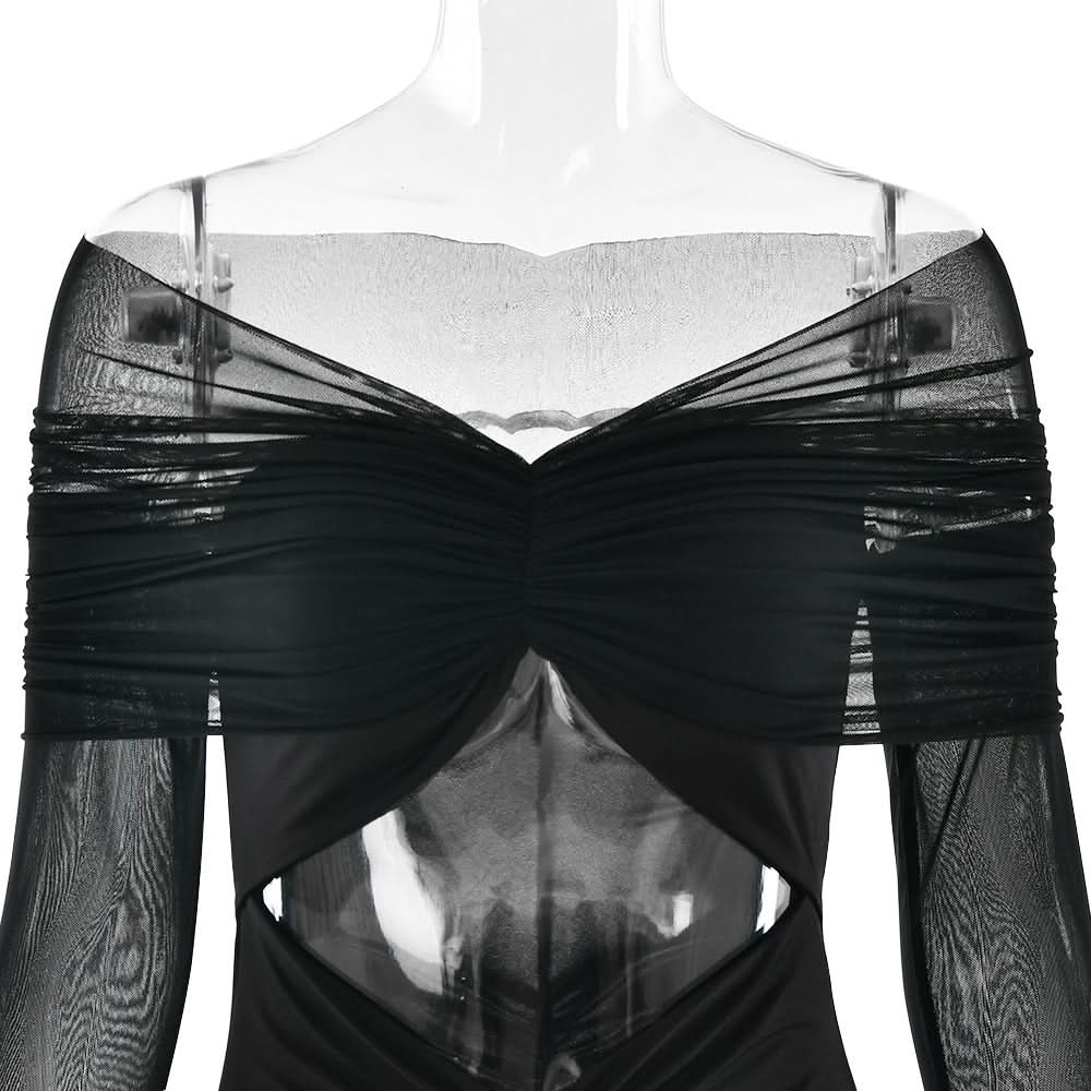 Long sleeve hollow out ruched mesh cut out maxi dress  | Festival Outfits Women