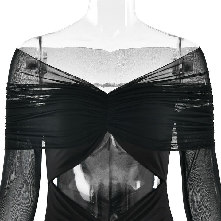 Long sleeve hollow out ruched mesh cut out maxi dress  | Festival Outfits Women