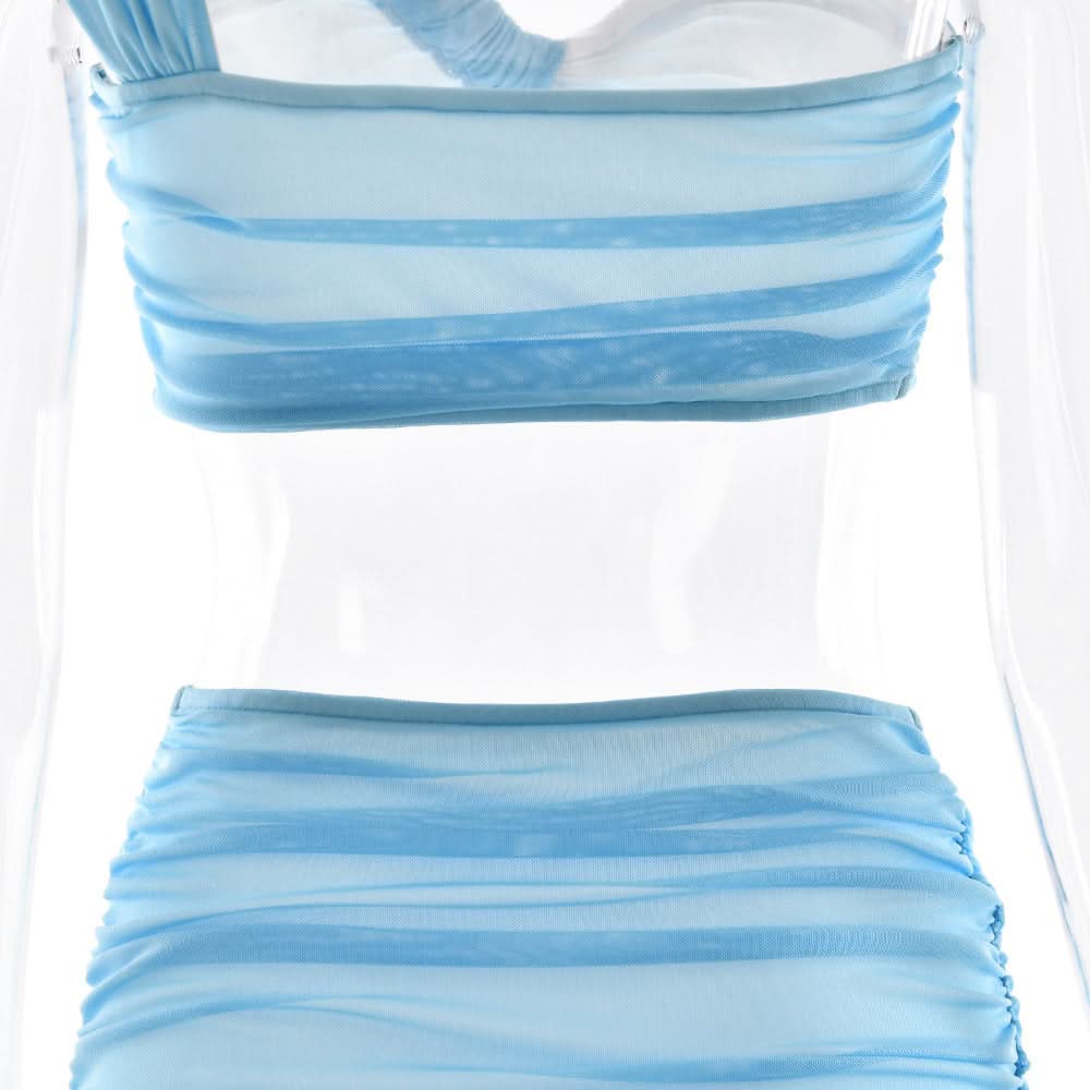 One shoulder ruched slit mesh maxi skirt set  | Festival Outfits Women