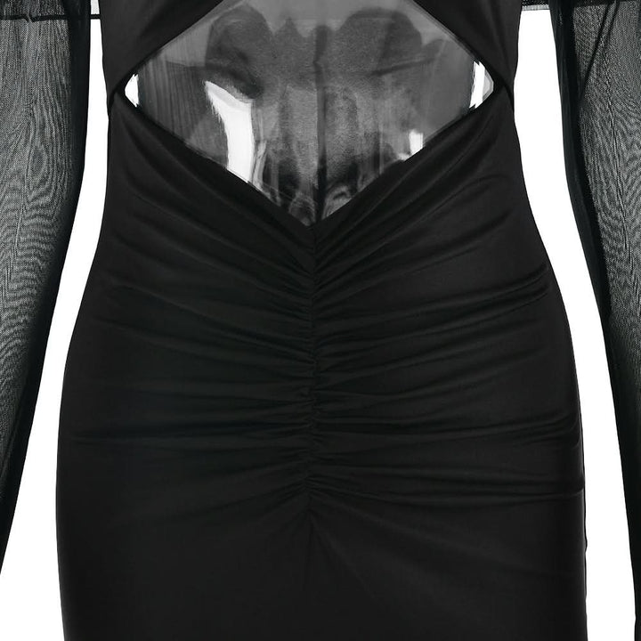 Long sleeve hollow out ruched mesh cut out maxi dress  | Festival Outfits Women