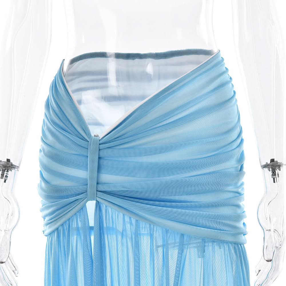 One shoulder ruched slit mesh maxi skirt set  | Festival Outfits Women