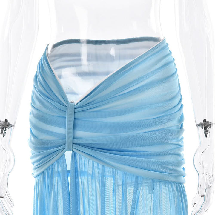 One shoulder ruched slit mesh maxi skirt set  | Festival Outfits Women