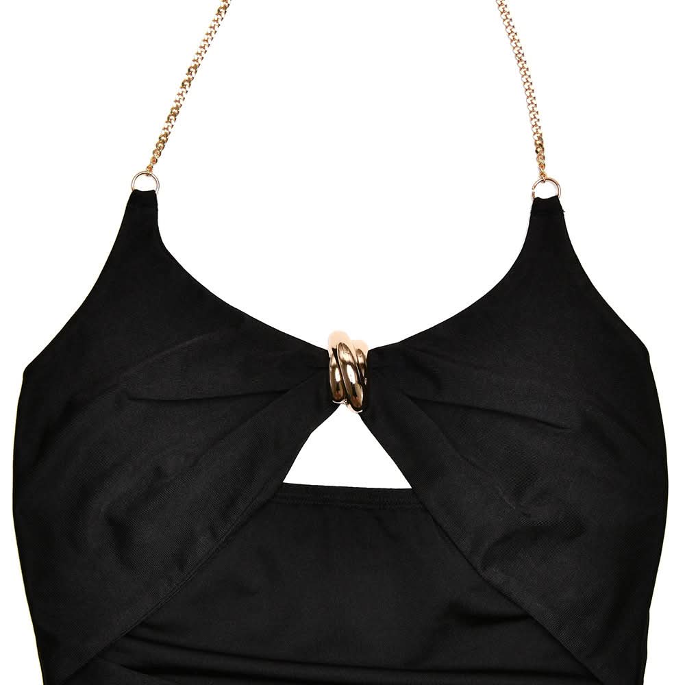 Halter metal chain hollow out ruched cut out midi dress  | Festival Outfits Women