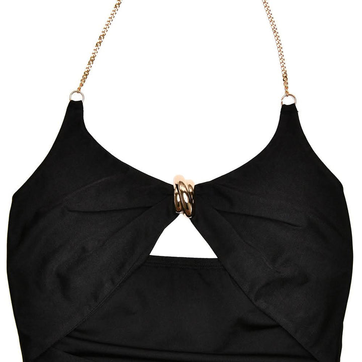 Halter metal chain hollow out ruched cut out midi dress  | Festival Outfits Women