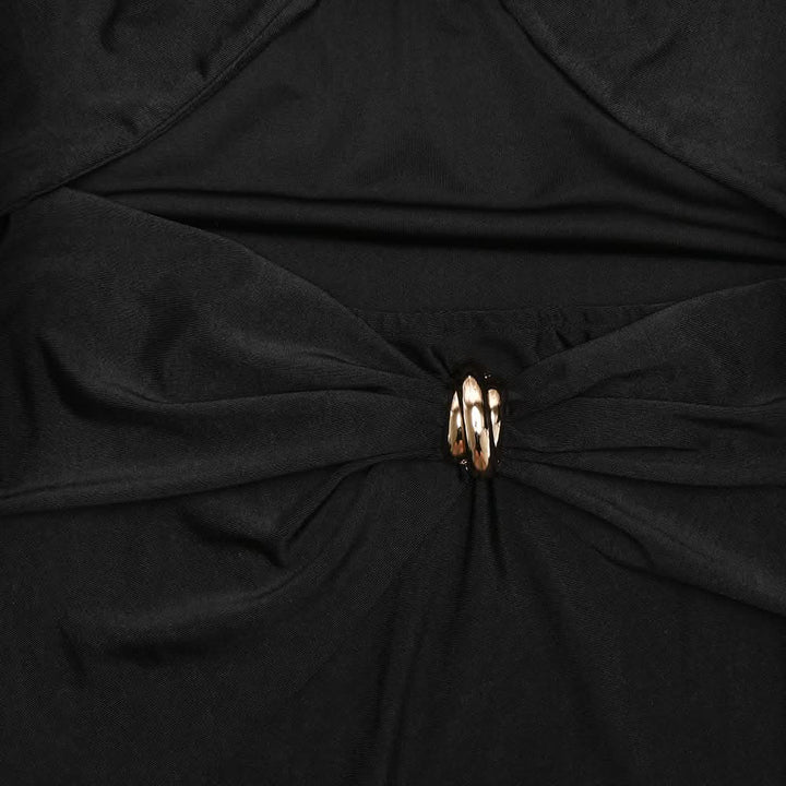 Halter metal chain hollow out ruched cut out midi dress  | Festival Outfits Women