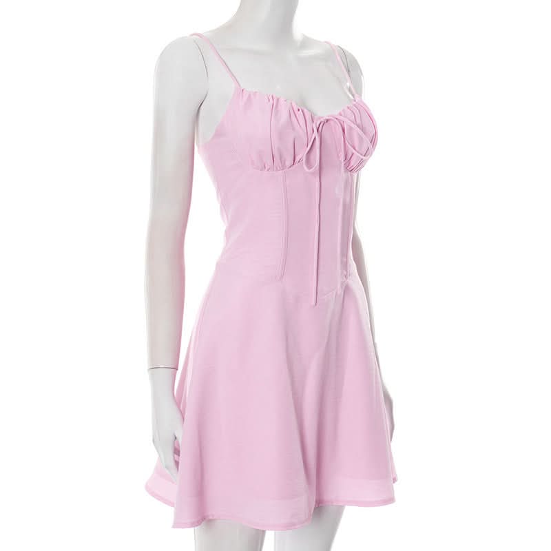 Self tie v neck ruched zip-up cami mini dress  | Festival Outfits Women