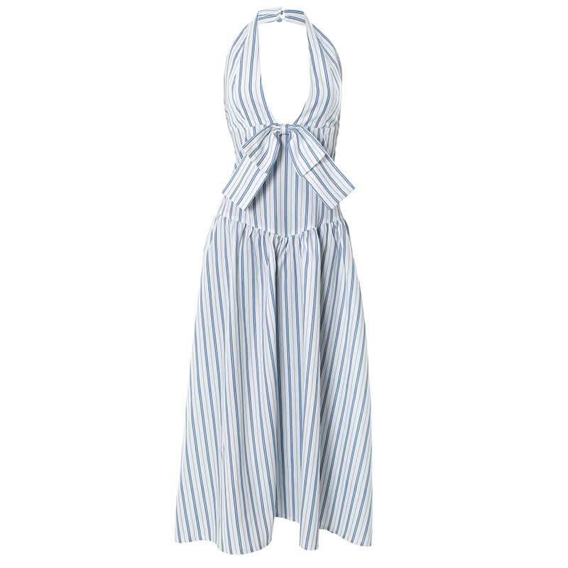 Striped bowknot zip-up halter maxi dress  | Festival Outfits Women