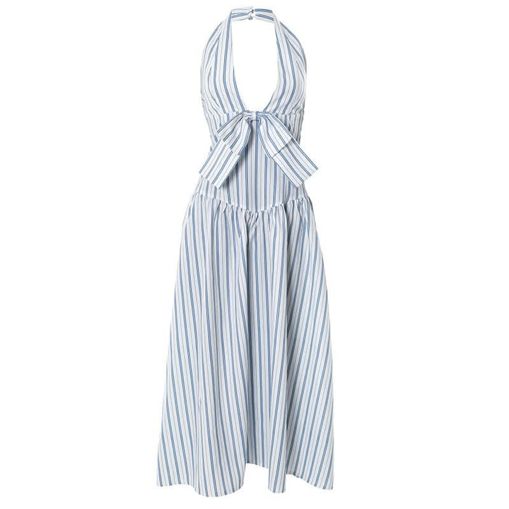 Striped bowknot zip-up halter maxi dress  | Festival Outfits Women