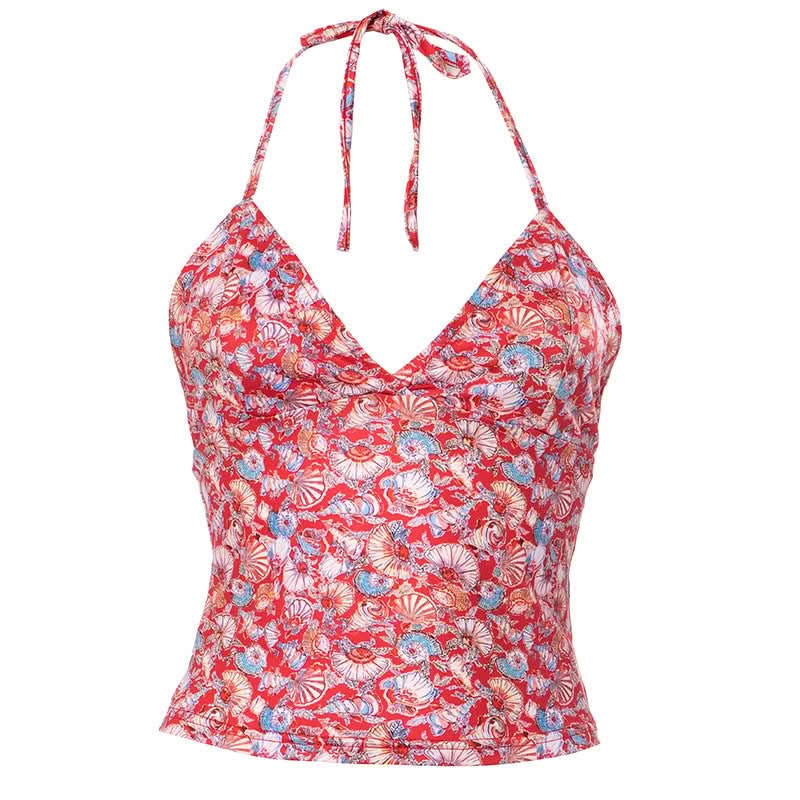 Halter self tie v neck print backless top  | Festival Outfits Women