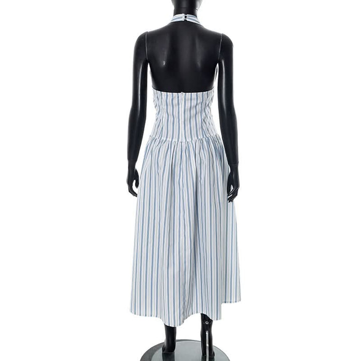 Striped bowknot zip-up halter maxi dress  | Festival Outfits Women