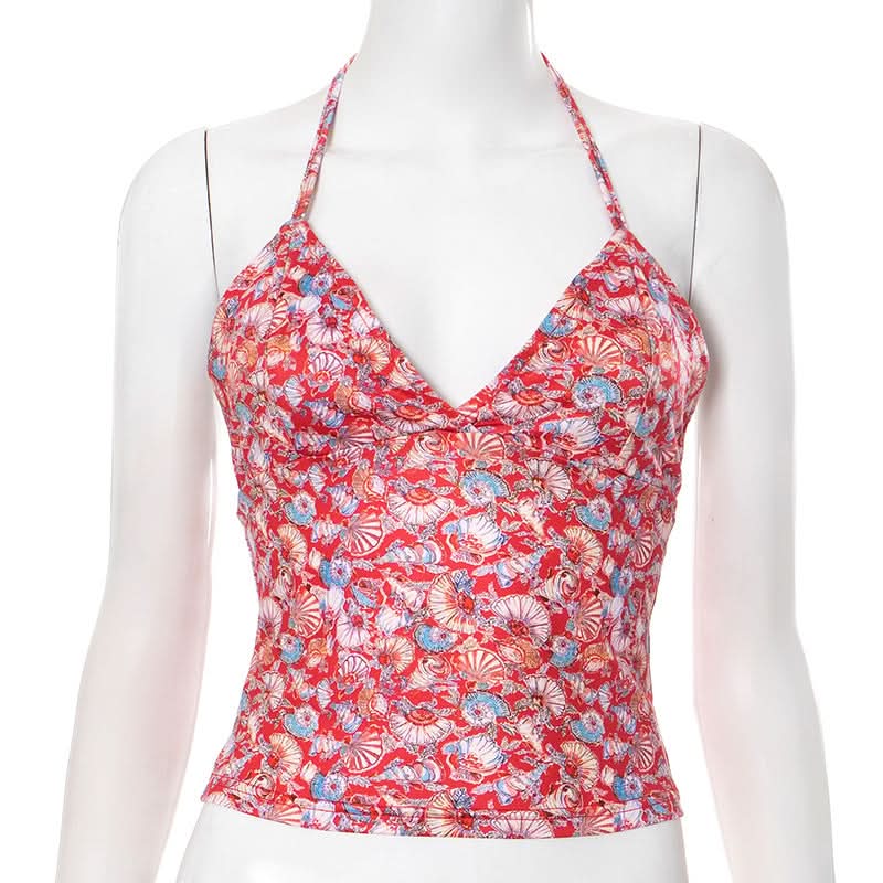 Halter self tie v neck print backless top  | Festival Outfits Women