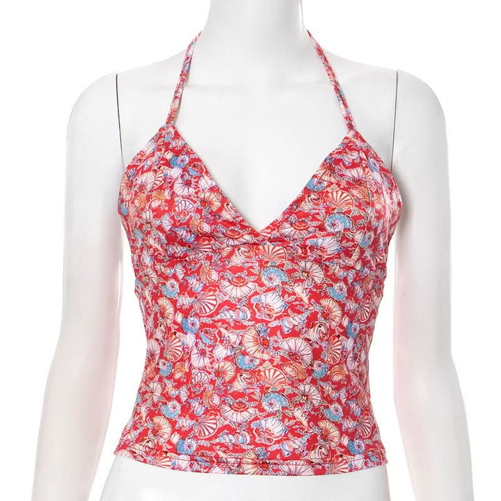 Halter self tie v neck print backless top  | Festival Outfits Women