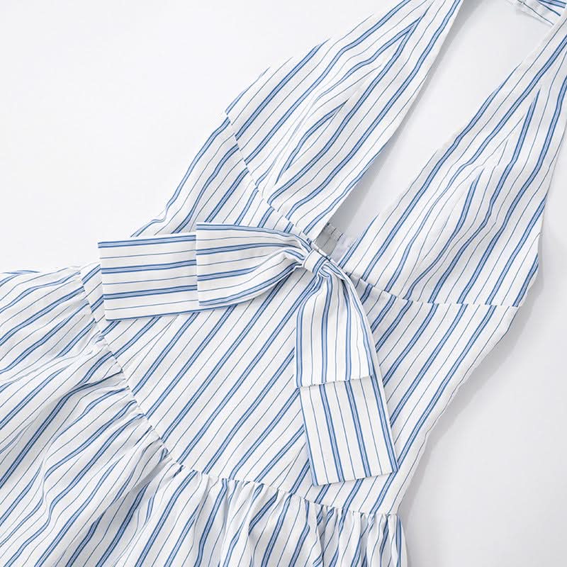 Striped bowknot zip-up halter maxi dress  | Festival Outfits Women