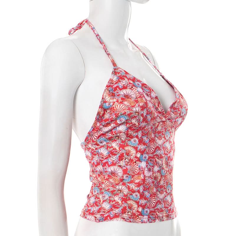 Halter self tie v neck print backless top  | Festival Outfits Women