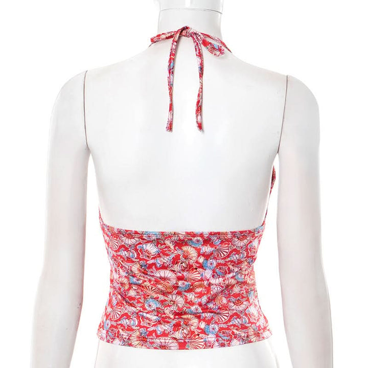 Halter self tie v neck print backless top  | Festival Outfits Women