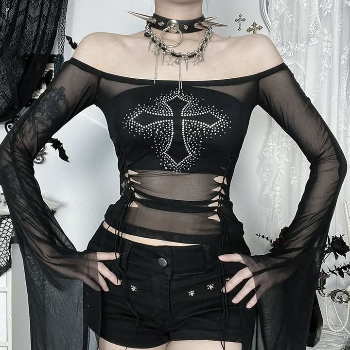 Long flared sleeve mesh off shoulder beaded top  | Festival Outfits Women