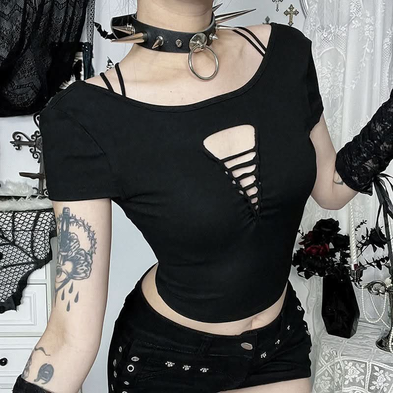 Hollow out short sleeve round neck solid cut out top  | Festival Outfits Women