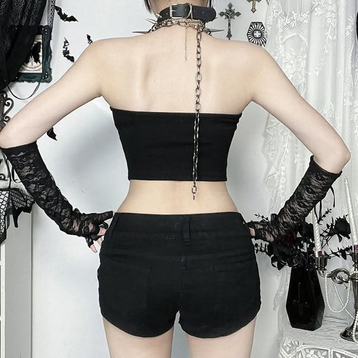 Metal chain halter u neck cross pattern top  | Festival Outfits Women-final-sale