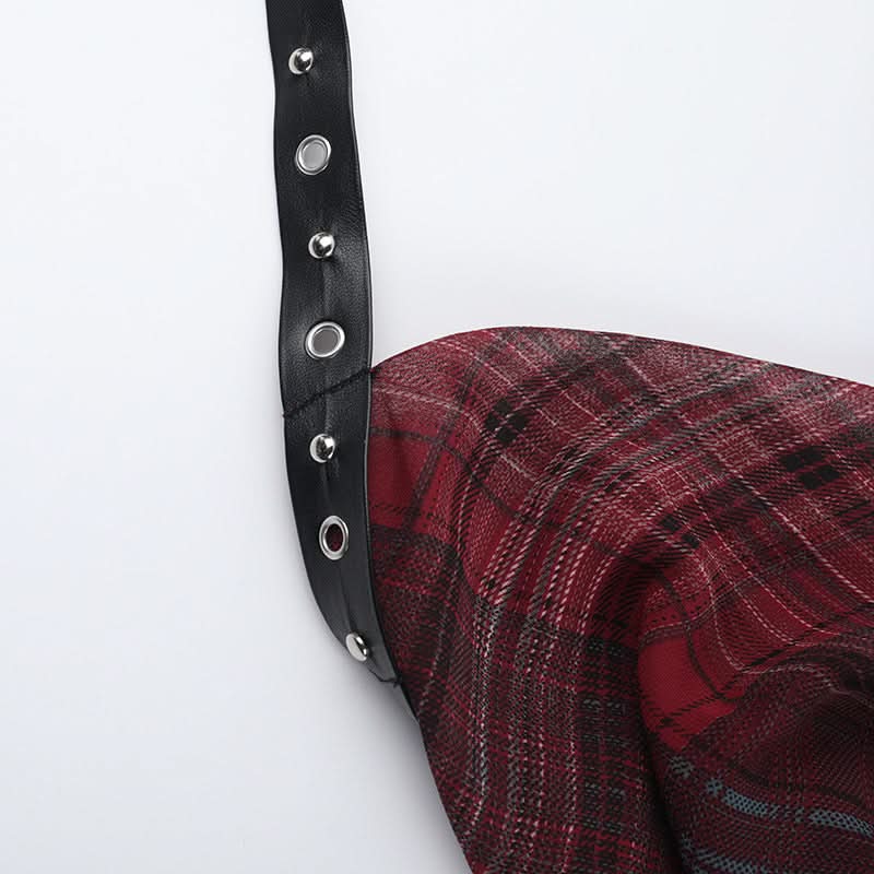 Plaid irregular halter ruffle buckle cowl neck top  | Festival Outfits Women-final-sale