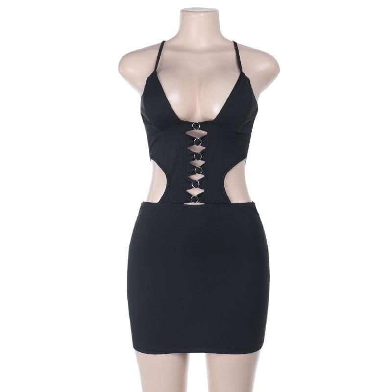 Cross back hollow out v neck cami cut out mini dress  | Festival Outfits Women-final-sale