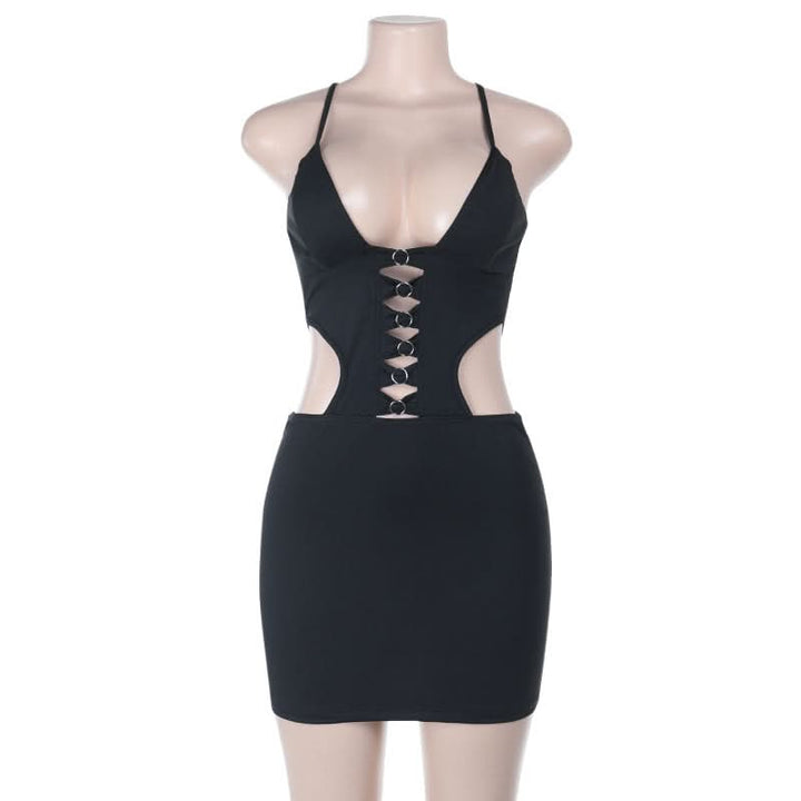 Cross back hollow out v neck cami cut out mini dress  | Festival Outfits Women-final-sale