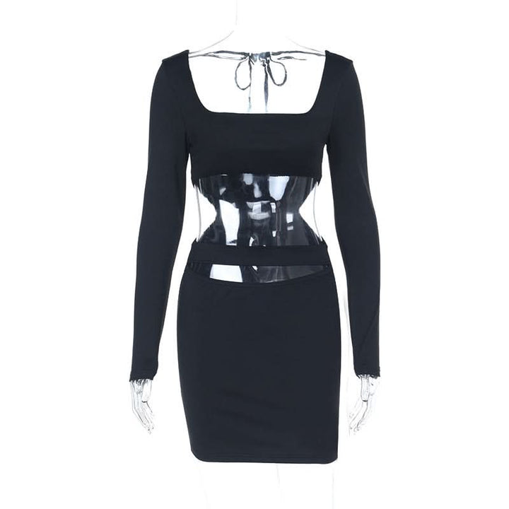 Long sleeve hollow out square neck self tie cut out mini dress  | Festival Outfits Women-final-sale