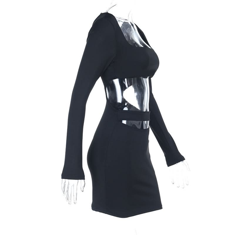 Long sleeve hollow out square neck self tie cut out mini dress  | Festival Outfits Women-final-sale