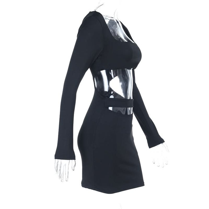 Long sleeve hollow out square neck self tie cut out mini dress  | Festival Outfits Women-final-sale