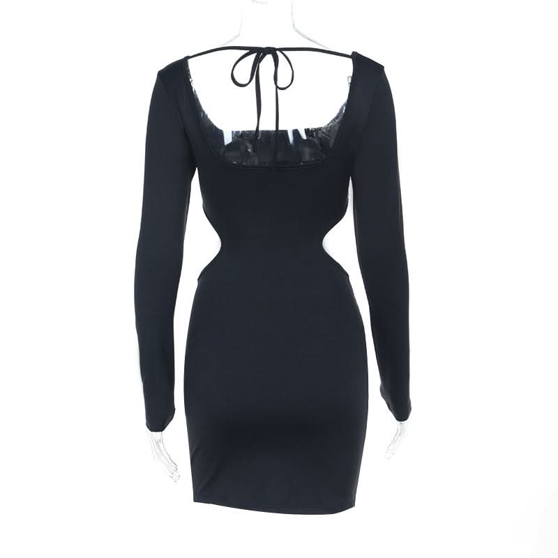 Long sleeve hollow out square neck self tie cut out mini dress  | Festival Outfits Women-final-sale