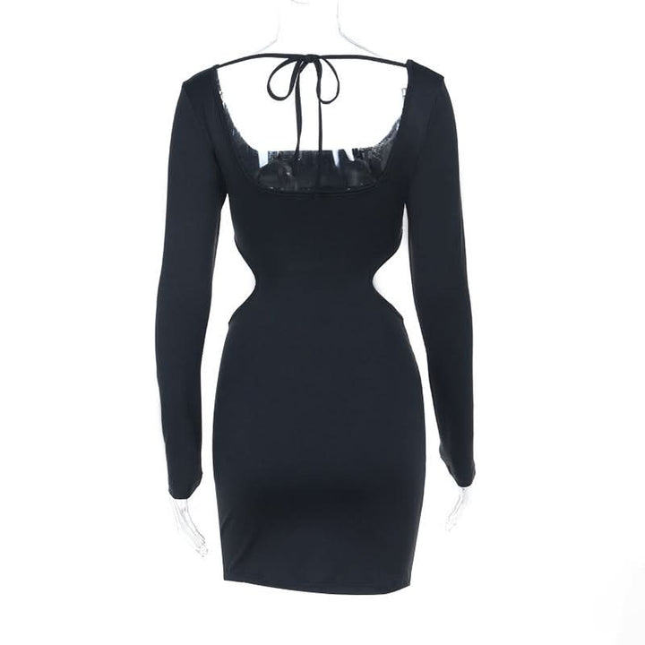 Long sleeve hollow out square neck self tie cut out mini dress  | Festival Outfits Women-final-sale
