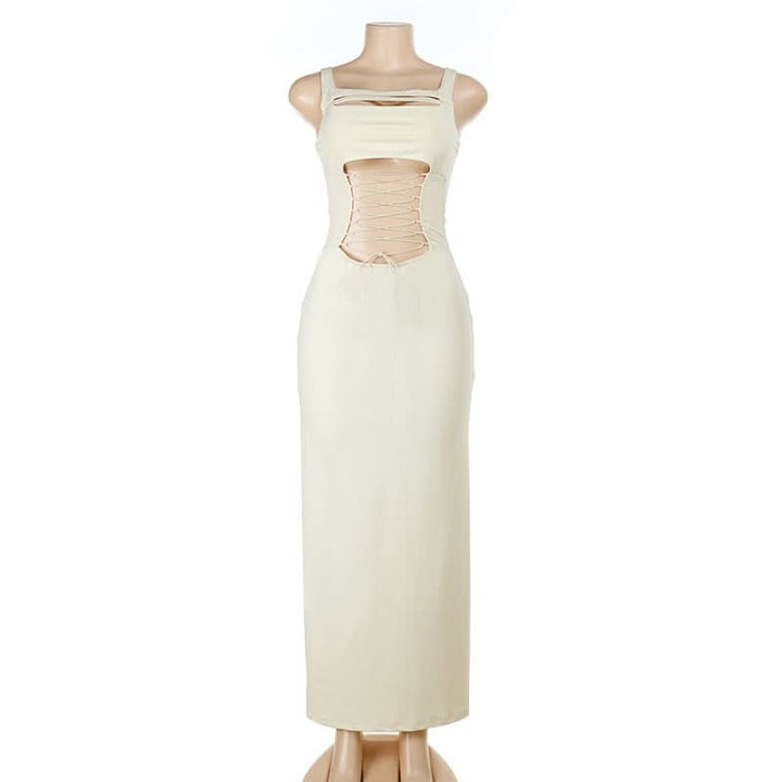 Hollow out square neck lace up cami cut out maxi dress  | Festival Outfits Women