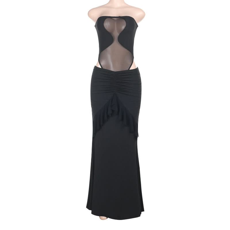 Mesh button ruched ruffle tube skirt set  | Festival Outfits Women